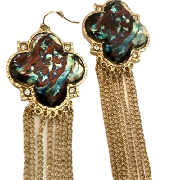 LAST PAIR Boho Abalone Rhinestone Gold Gypsy Chic Fringed Statement Earrings NWT - Picture 1 of 8
